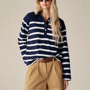 J Crew Mariner Polo T-Shirt NWT Navy White Stripes Jersey Knit L/S Boxy Fit L